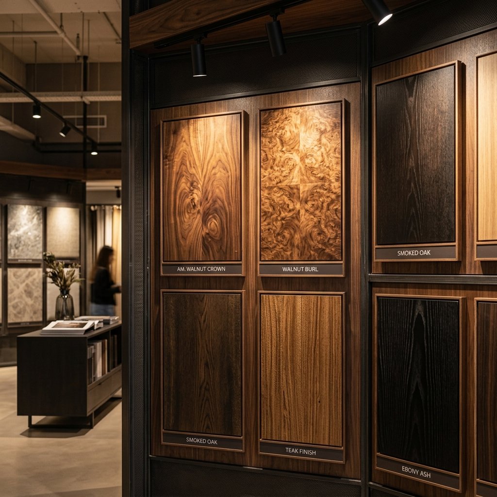 Luxury veneer sample sliding racks inside showroom gallery