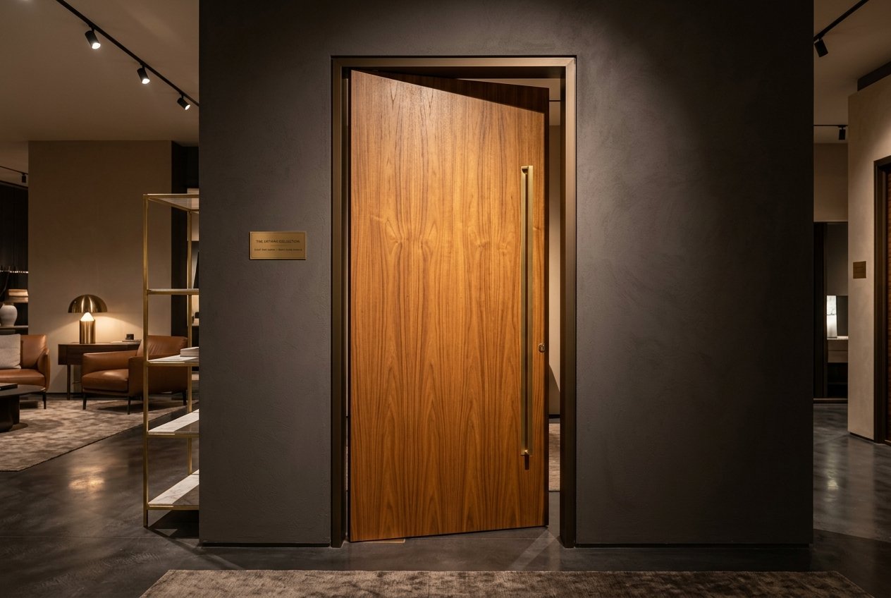 Teak veneered solid flush door display in Erode gallery.