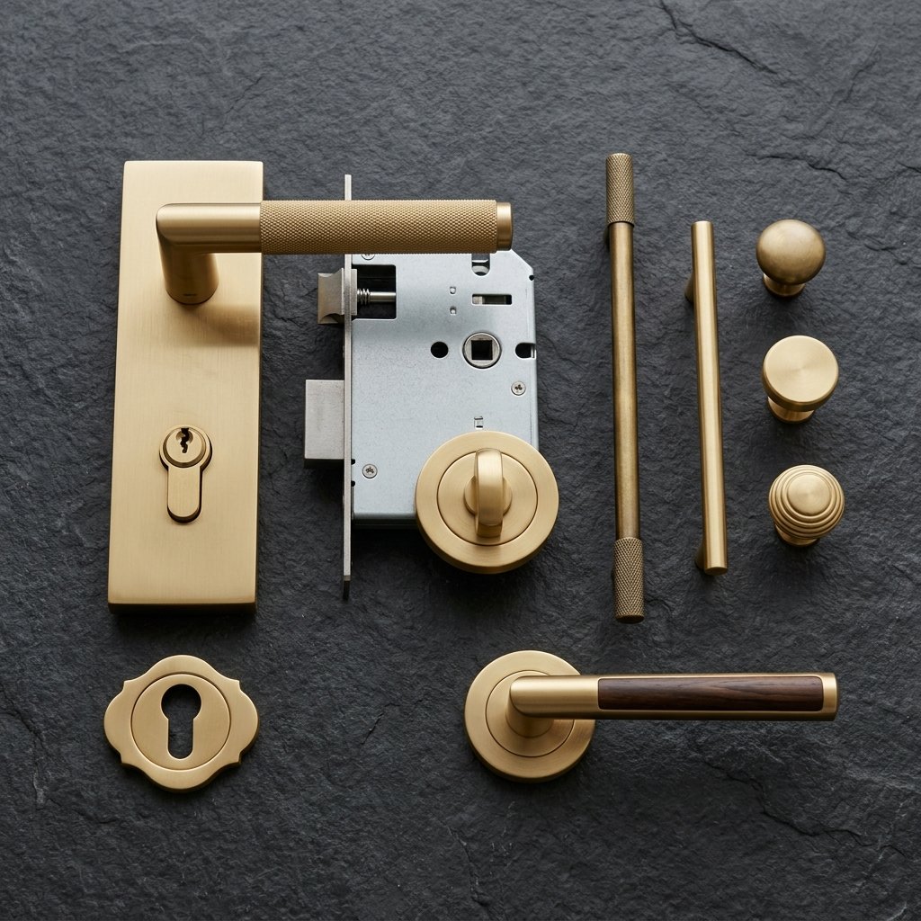 Designer door locksets, brass handles, and hinges on slate board.