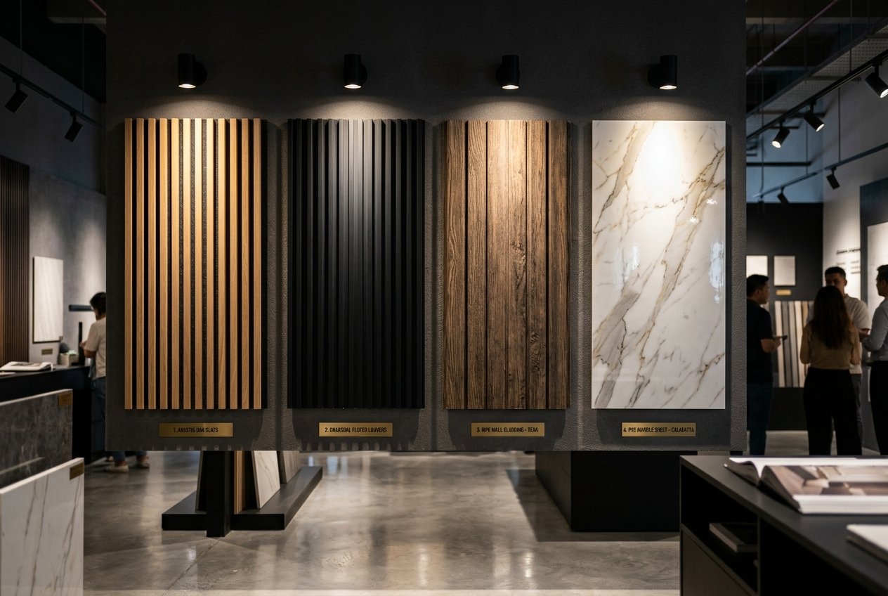 Display of wall cladding materials including wood slatted boards and marble sheets.