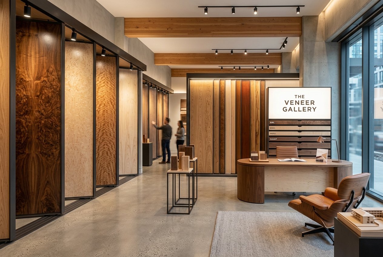 Interior of modern showroom design gallery showing veneers