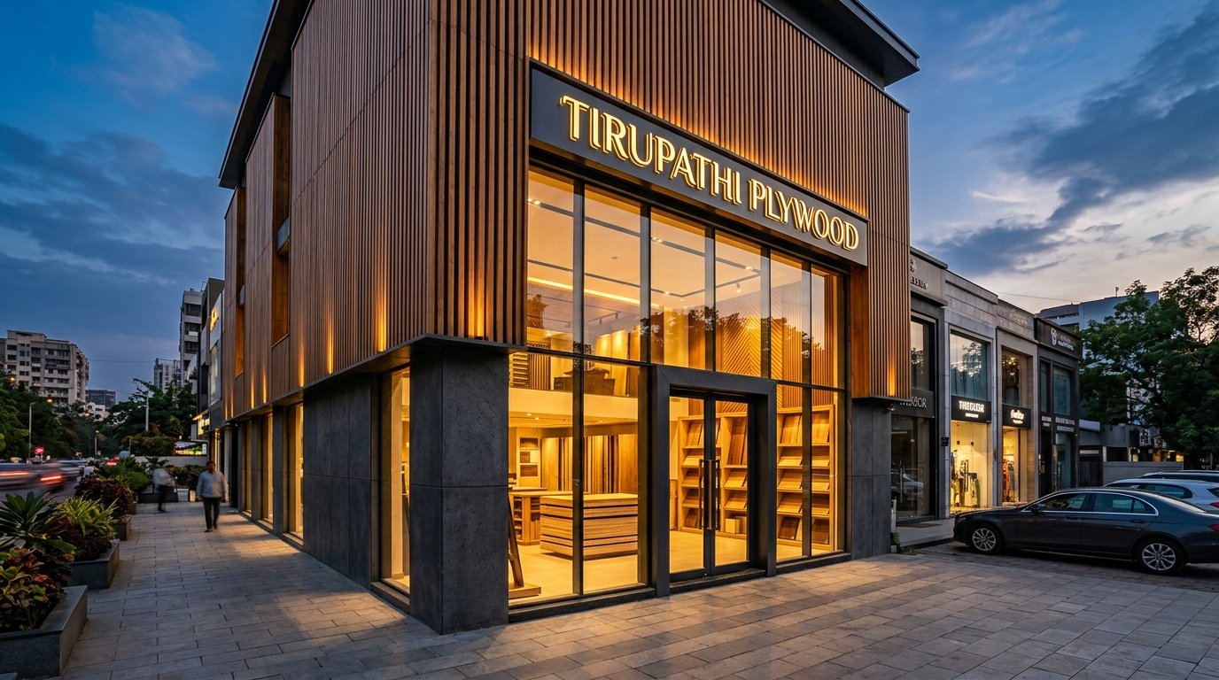 Showroom storefront of Tirupathi Plywood in Erode, Tamil Nadu, showcasing modern wood slats and gold lettering as detailed on our Google Business Profile.